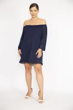 Kadın Büyük Beden Lacivert Delikiş Kumaş Yakası Lastikli Astarlı Tunik