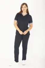 Kadın Büyük Beden Lacivert Ribanall Kısa Kollu Bluz Pantolon Eşofman Takım 65N36811