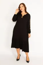 Kadın Siyah Nakış Ve Cep Detaylı Eteği Katlı Uzun Kollu Elbise 65N34743