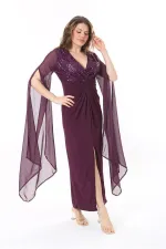 Kadın Büyük Beden Mürdüm Payet Ve Göğüs Büzgü Detaylı Kolları Şifon Elbise 65N37963