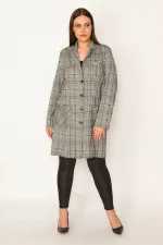 KADIN GRİ EKOSE DESENLİ ASTARSIZ ÖN DÜĞMELİ CEPLİ UZUN CEKET