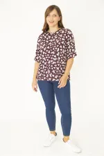 Kadın Büyük Beden Mürdüm Dokuma Viskon Kumaş Ön Pat Düğmeli Kısa Kollu Gömlek 65N36992