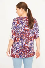 Kadın Mavi Büyük Beden Dokuma Viskon Kumaş Kolları Dantel Detaylı V Yakalı Bluz