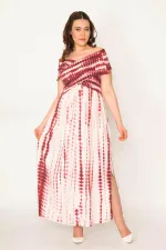 WOMEN'S LONG DRESS WITH WIDE FUJIA COLLAR, GUIPED ELASTIC, SIDE SLITS