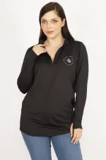 Women's Black Plus Size Front Placket Zippered Sweatshirt