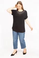 Kadın Mürdüm Büyük Beden Taş Detaylı Düşük Kol Bluz 65N35636