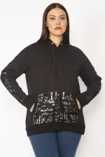 Kadın Siyah Lak Baskı Ve File Detaylı Kapşonlu Kanguru Cepli Sweatshirt 65N28358