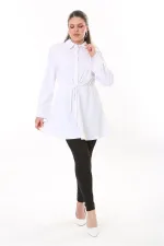 Kadın Büyük Beden Beyaz Ön Düğmeli Beli Tünel Bağcıklı Likralı Tunik Elbise 65N37700
