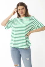 Kadın Büyük Beden Yeşil Bisiklet Yakalı Çizgili Bluz 65N37022