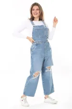 Kadın Büyük Beden Mavi Yırtık Detaylı Kot Salopet 65N37889