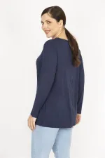 Kadın Lacivert Büyük Beden Bisiklet Yakalı Arka Fermuar Detaylı Bluz