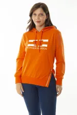 Women's Plus Size Orange Stone and Print Detailed Hooded Side Slit Sweatshirt 65N36867