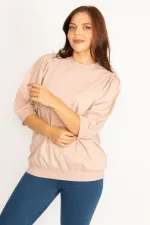 Kadın Pudra Omuz Büzgü Detaylı Kapri Kol Sweatshirt 65N34802
