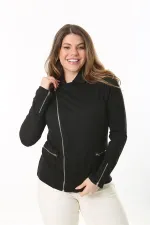 Kadın Büyük Beden Siyah Fermuar Detaylı Astarsız Ceket 65N37540