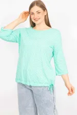 Kadın Lacivert Büyük Beden Pamuklu Kumaş Çizgi Kombinli Bluz 65N35571