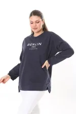 Women's Plus Size Navy Blue Ribbed Inside Slit Sweatshirt 65N37716