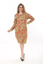 Kadın Büyük Beden Yeşil Organik Koton Kumaş Kup Detaylı Uzun Kollu Elbise 65N37626