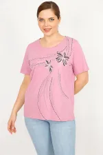Kadın Pembe Büyük Beden Pamuklu Kumaş Ön Baskılı Bluz