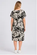 Kadın Büyük Beden Siyah, Çiçek Desenli Cepli Viskon Elbise 65N39471