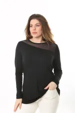 Kadın Büyük Beden Siyah Ön Ve Arka Yakası Tül Detaylı Uzun Kollu Bluz 65N37538