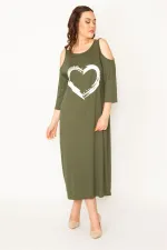 KADIN HAKİ OMUZ DEKOLTELİ ÖN BASKILI ELBİSE