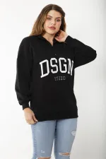 Kadın Büyük Beden Siyah İçi Şardonlu Ön Pat Fermuarlı Nakışlı Sweatshirt 65N37207