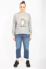 Kadın Gri İnci Ve Baskı Detaylı Yumoş Kumaş Bluz 65N35497