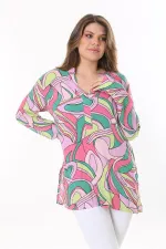 Kadın Büyük Beden Renkli Dokuma Viskon Kumaş Yan Yırtmaçlı V Yakalı Tunik 65N37789