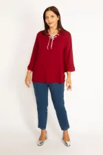 Kadın Bordo Yakası Kuşgözü Bağcık Detaylı Kol Ağzı Fırfır Büzgülü Bluz 65N34648