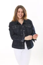 Kadın Büyük Beden Lacivert Ön Düğmeli Likralı Kot Mont 65N37576