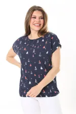Kadın Büyük Beden Lacivert Pamuk Kumaş Etek Ucu Lastikli Düşük Kollu Bluz 65N37895