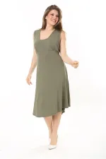 Kadın Haki Anvelop Yakalı Arka Bel Lastikli Kolsuz Likralı Viskon Elbise 65N37872
