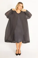 Kadın Füme Şifon Pelerinli Dantel Detaylı Abiye Elbise 65N34506