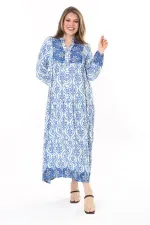 Kadın Büyük Beden Mavi Dokuma Viskon Kumaş Ön Düğmeli Uzun Elbise 65N37860