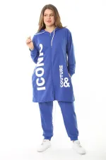 Kadın Büyük Beden Gri Baskı Ve Fermuar Detaylı Kapşonlu Sweatshirt Pantolon Takım 65N37128