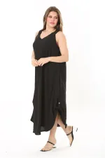 Kadın Büyük Beden Siyah Yan Boy Ayarlı Kolsuz Uzun Elbise 65N37885