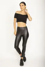 WOMEN'S BLACK FRONT ARTIFICIAL LEATHER COATING, BACK VISCOSE FABRIC LEGGINGS TROUSERS