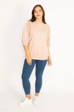 Kadın Pudra Omuz Büzgü Detaylı Kapri Kol Sweatshirt 65N34802