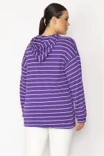 Kadın Mor Ön Pat Fermuarlı Kuşgözü Ve Bağcık Detaylı Kapşonlu Çizgili Tunik 65N28699