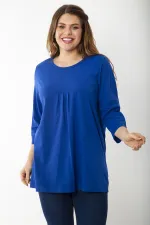 Kadın Büyük Beden Kemik Pamuklu Kumaş Pile Detaylı Kapri Kollu Bluz 65N37225