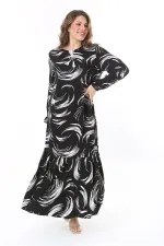 Kadın Büyük Beden Siyah Dokuma Viskon Kumaş Etek Ucu Katlı Uzun Kollu Elbise 65N37958