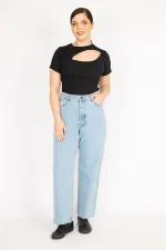 Kadın Mavi Büyük Beden Yıkama Efektli Yüksek Bel Ön Düğmeli Kot Pantolon