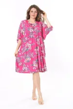 Kadın Büyük Beden Renkli Ön Pat Düğmeli Göğüs Büzgülü Yarasa Kollu Elbise 65N37959