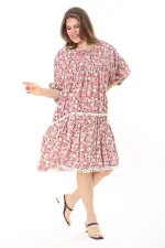 Kadın Büyük Beden Pembe Ön Patı Düğmeli Göğüs Büzgü Ve Ponpon Detaylı Elbise 65N37870