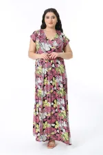 Kadın Büyük Beden Renkli Anvelop Yakalı Uzun Elbise 65N38584