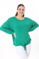 Kadın Büyük Beden Saks Önden Bağlamalı Uzun Kollu Bluz 65N37695