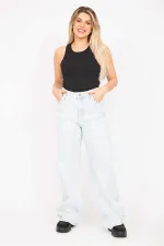 Kadın Büyük Beden Mavi Yıkama Efektli Yırtık Detaylı Yüksek Bel Kot Pantolon 65N36779