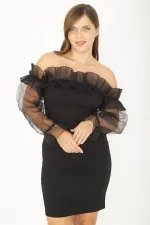 ROBE DE SOIRÉE NOIRE POUR FEMME AVEC COL ET MANCHES DÉTAILLÉS EN ORGANZA
