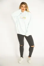 Women's Blue 3-Thread Polar Fleece Embroidery Detailed Hooded Sweatshirt 65N35078