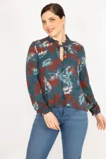 BLOUSE FEMME EN TISSU DE VISCOSE VERT À LACETS, COL EN V, 26A36832